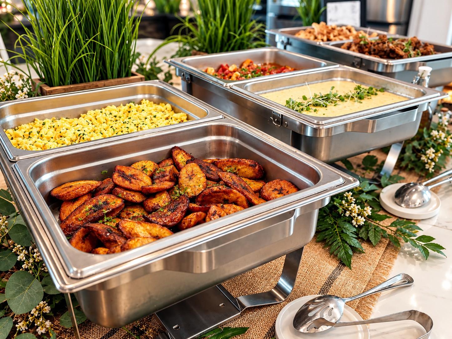A Knife & Faulk breakfast buffet in polished chafers with scrambled eggs, grits and caramelized plantains
