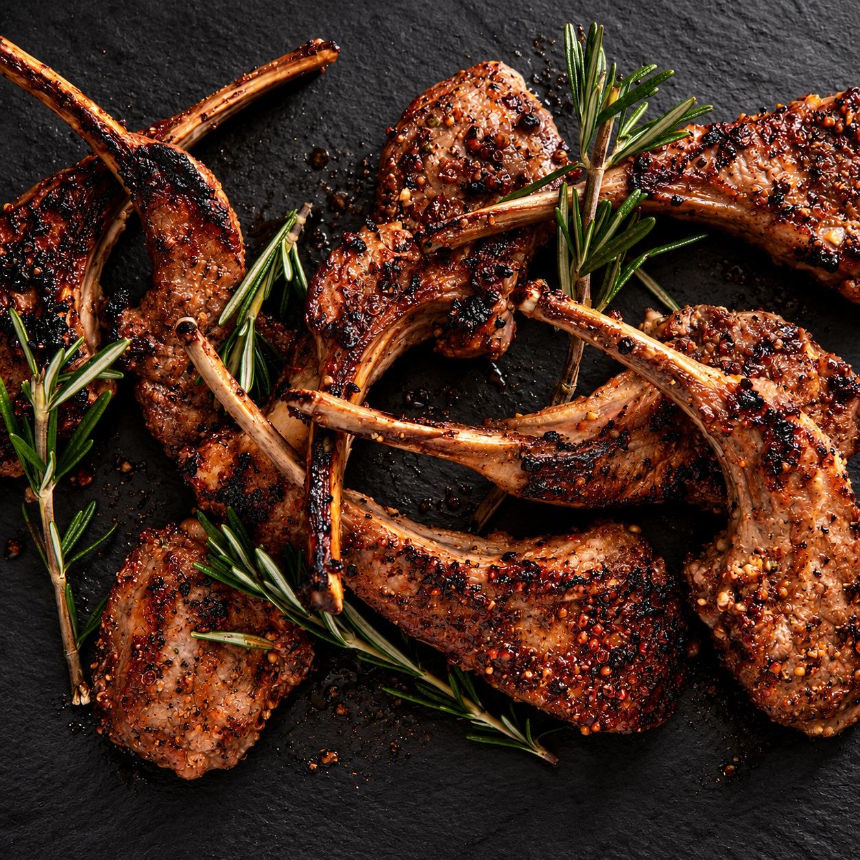 Charred rosemary lamb chops on a dark slate board