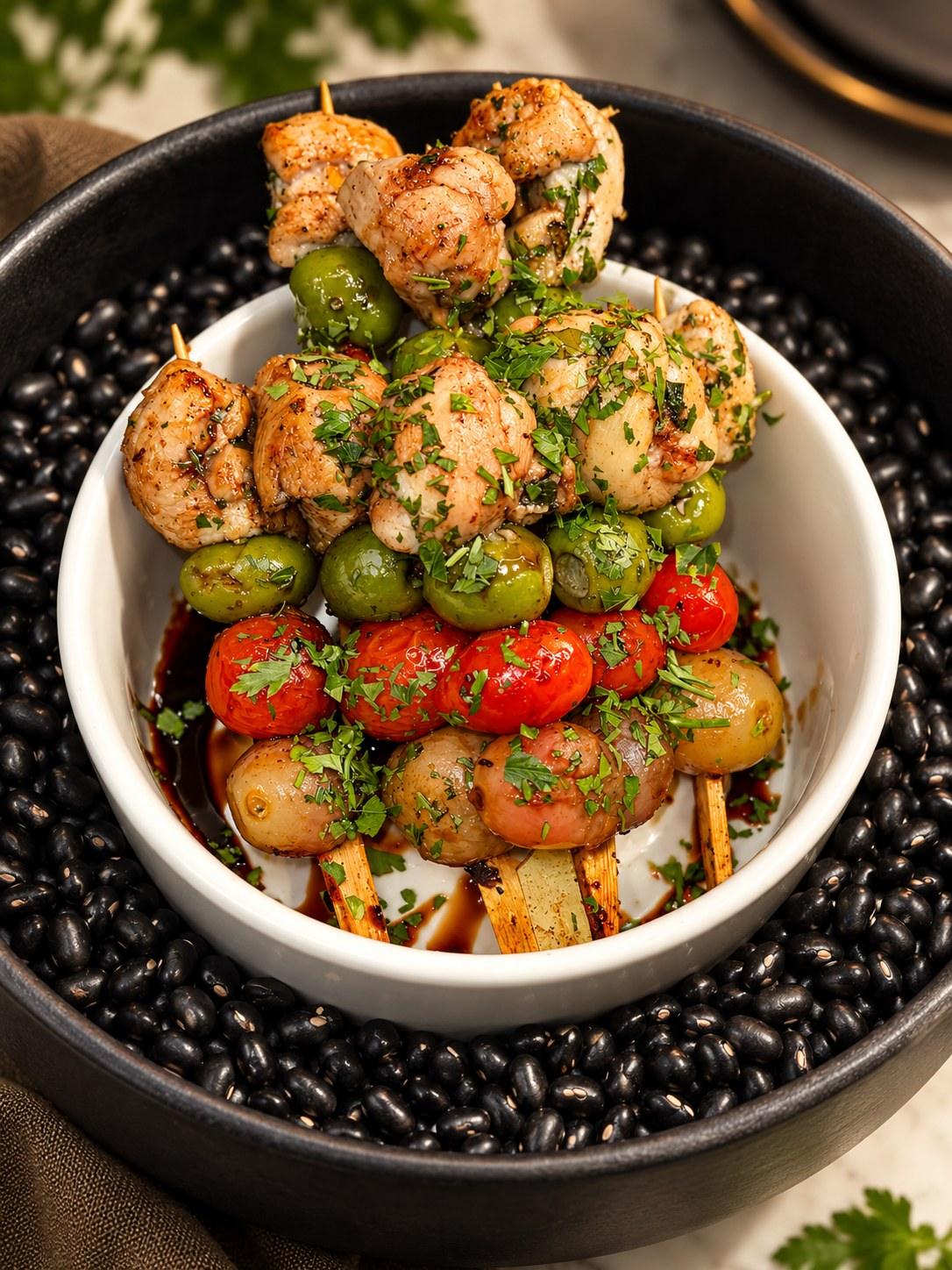 Grilled chicken skewers with olives, tomatoes and potatoes