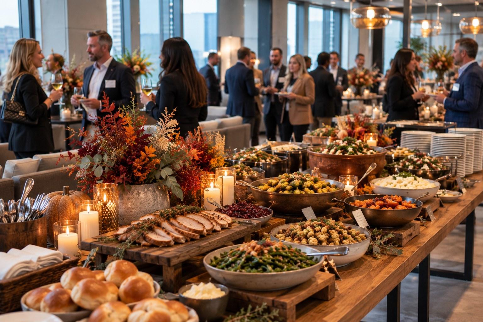 A corporate holiday party buffet in a Dallas office, with sliced herb roasted turkey breast, cornbread dressing, cranberry, sweet potatoes, Brussels sprouts and fresh rolls among candles and fall florals