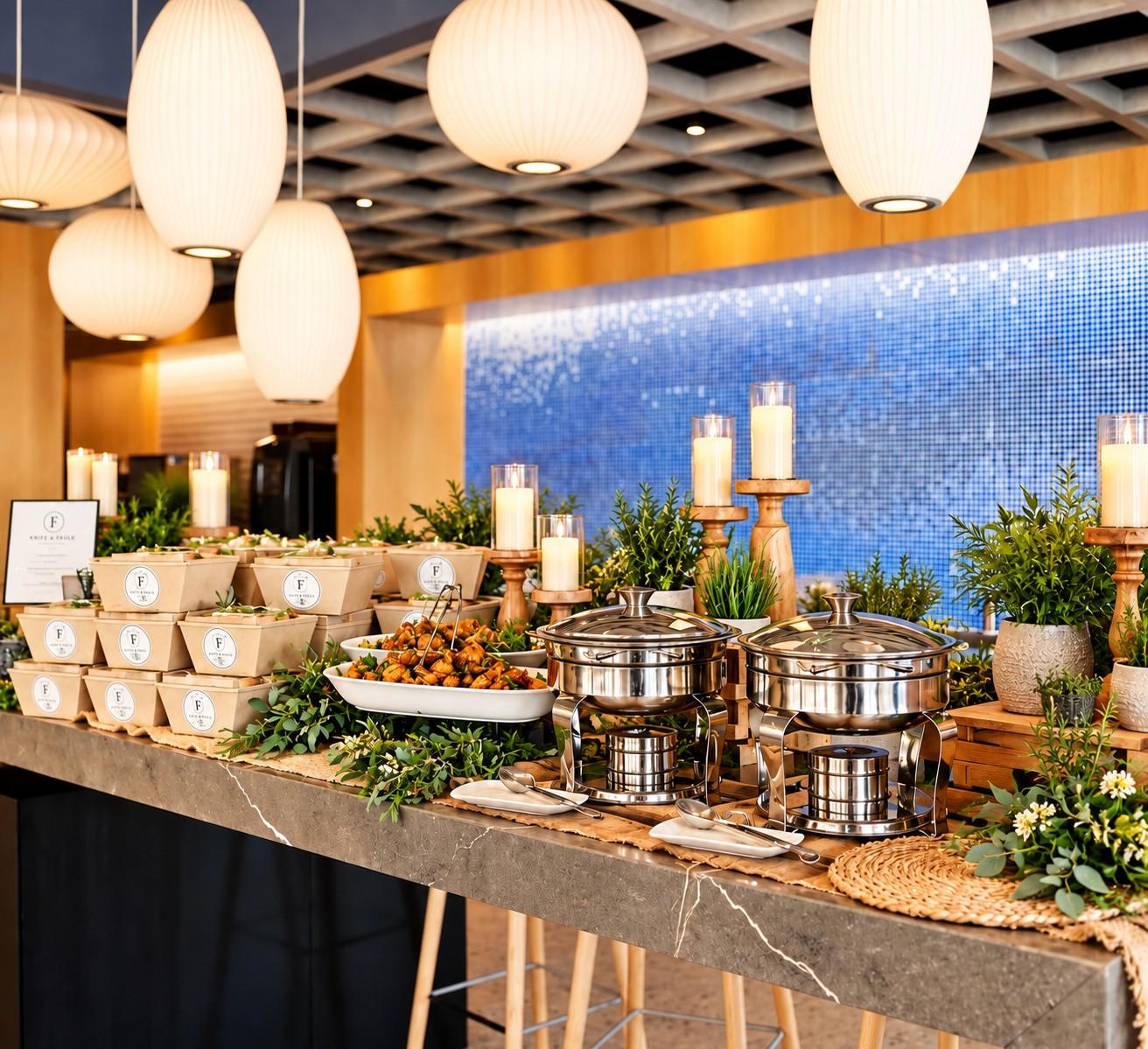 A Knife & Faulk office lunch with branded lunch boxes and chafers set among candles and greenery