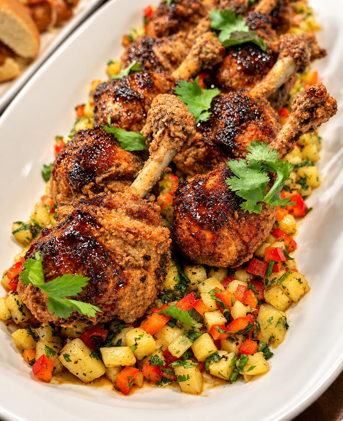 Glazed chicken lollipops over diced potatoes and peppers with fresh cilantro