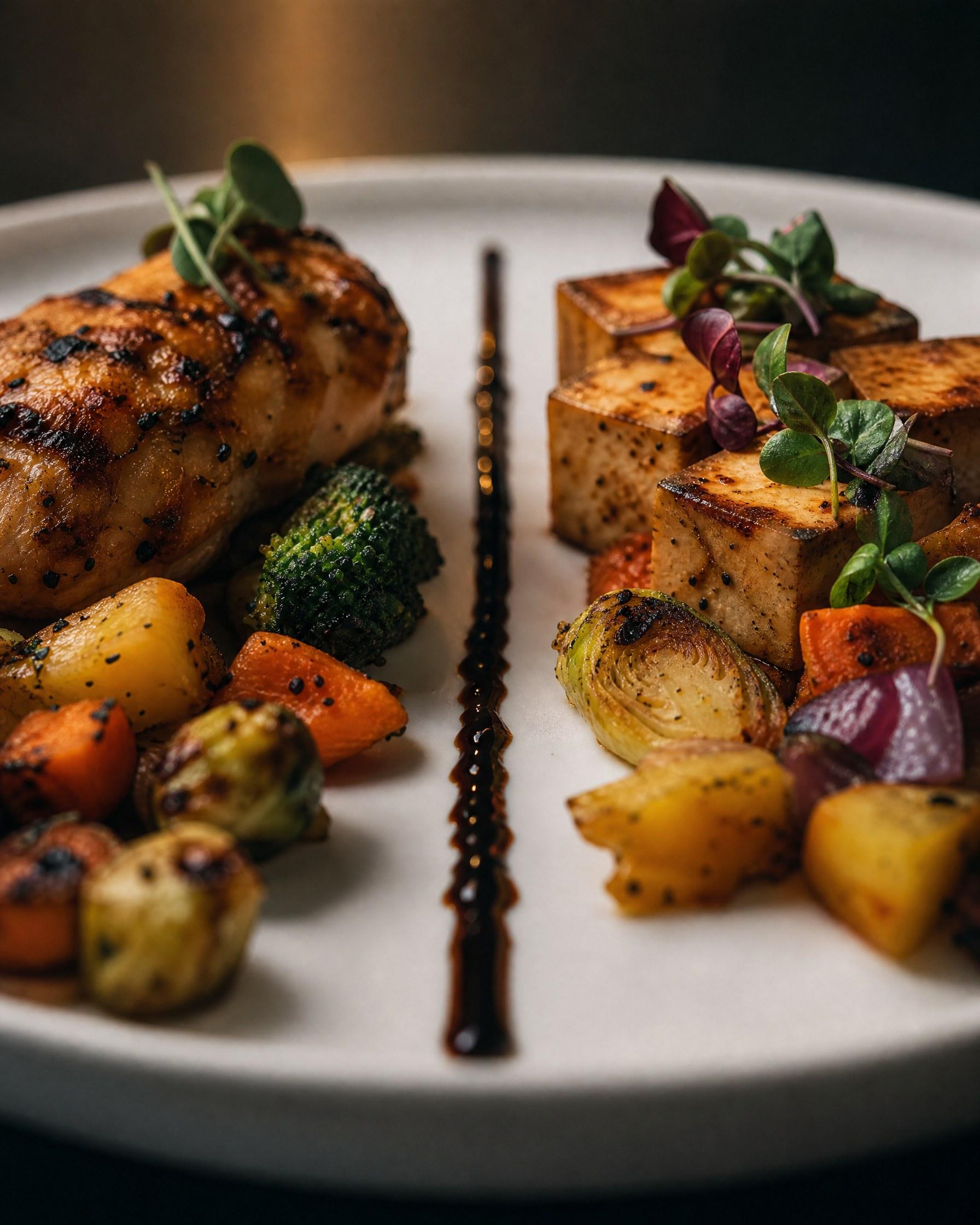 Grilled chicken and seared tofu with roasted vegetables and a balsamic line
