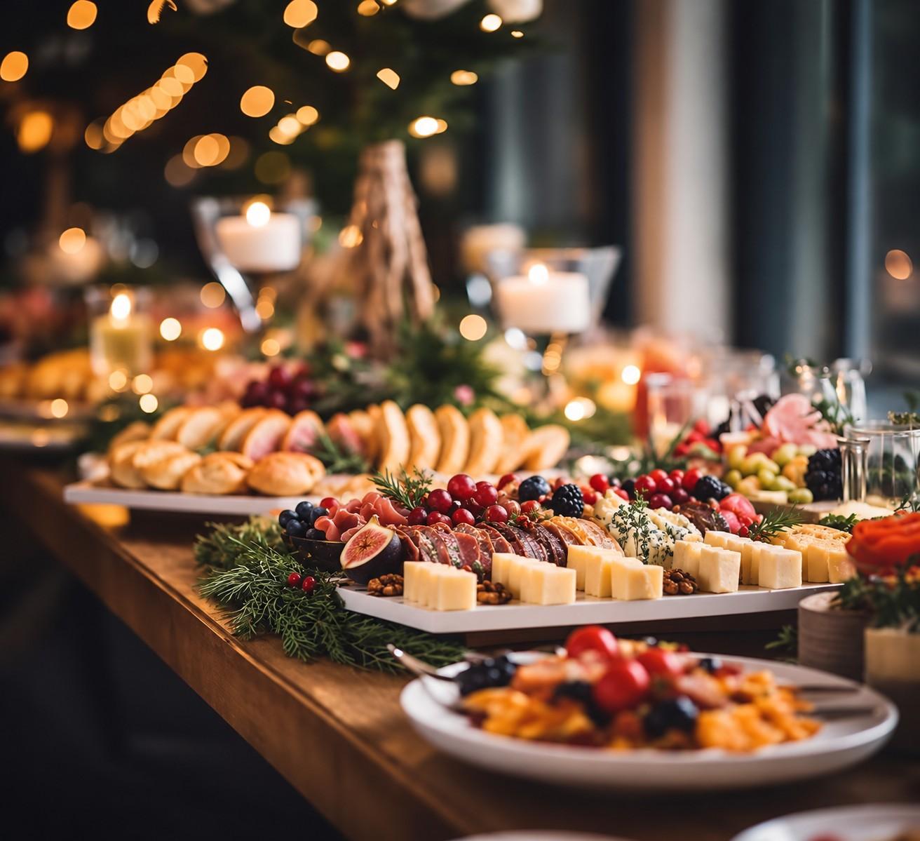 A candlelit holiday buffet with cheeses, charcuterie, figs, berries and fresh bread among evergreens