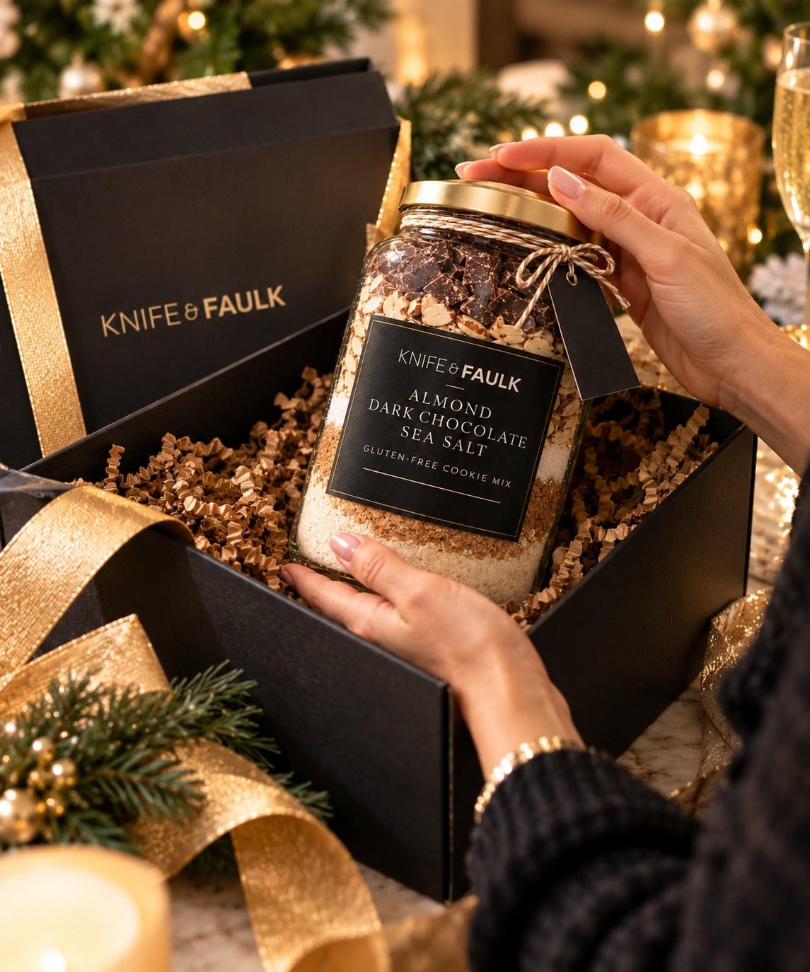 Knife & Faulk Batch from Scratch Almond Dark Chocolate Sea Salt cookie mix jar being placed in a black Knife & Faulk gift box with gold ribbon