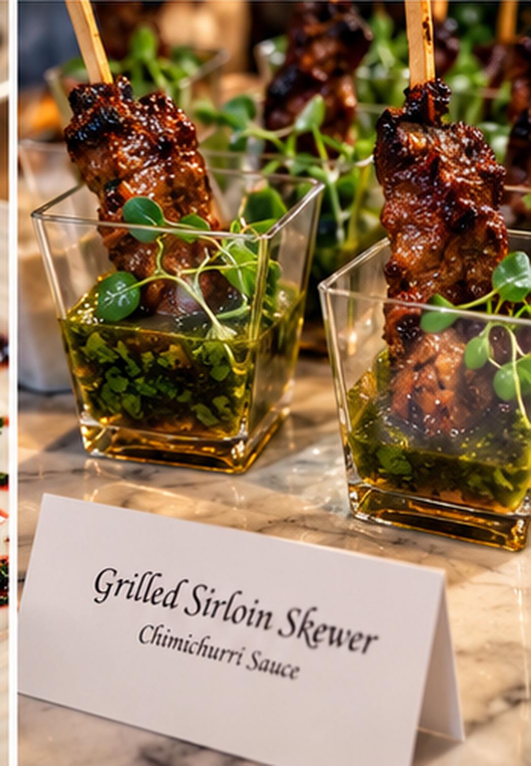 Grilled sirloin skewers in chimichurri cups with microgreens and a printed menu card