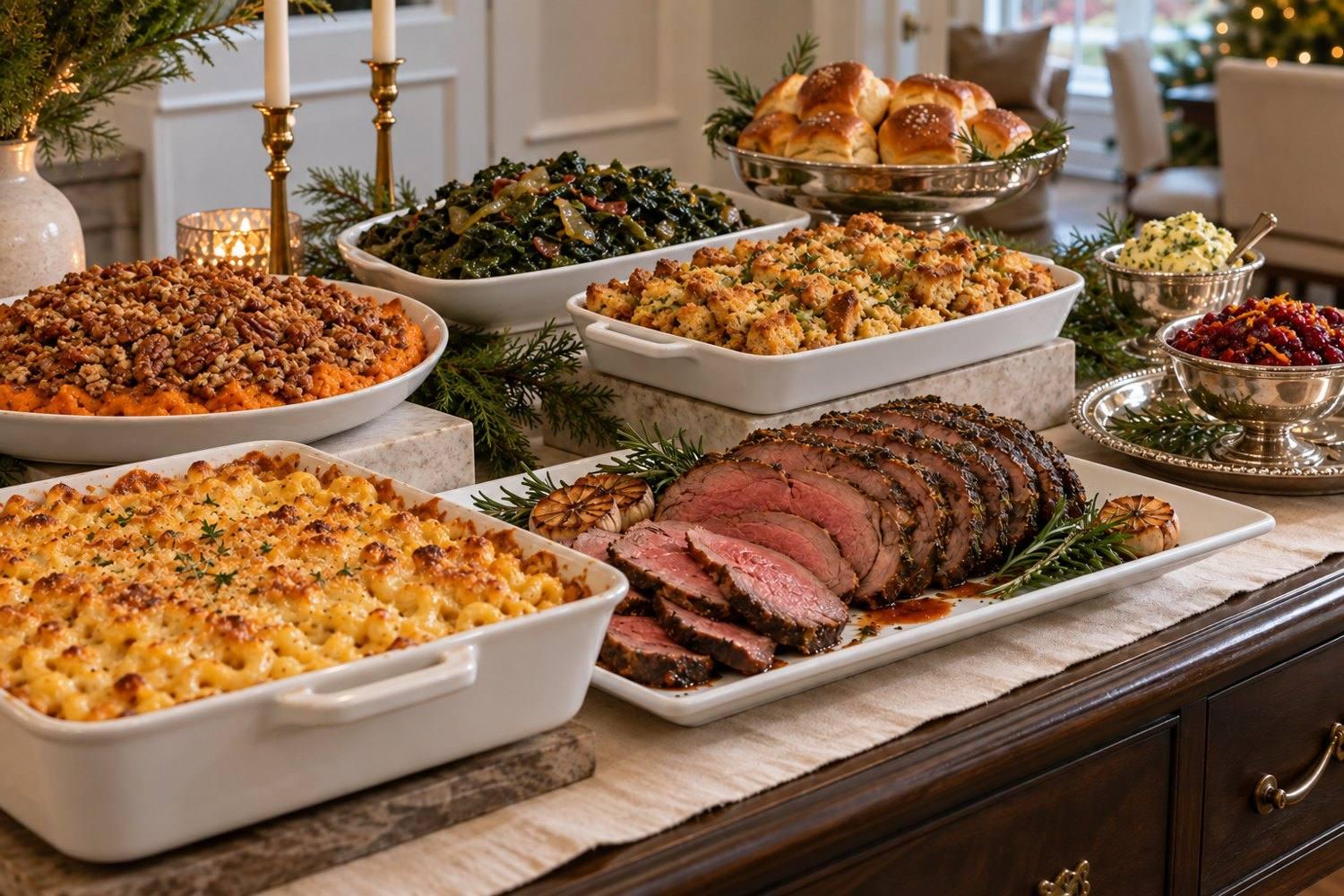Knife & Faulk Thanksgiving dinner to go in Dallas: sliced garlic and herb beef tenderloin with three cheese macaroni and cheese, sweet potato casserole with pecan streusel, braised greens, cornbread dressing, rolls and cranberry citrus chutney